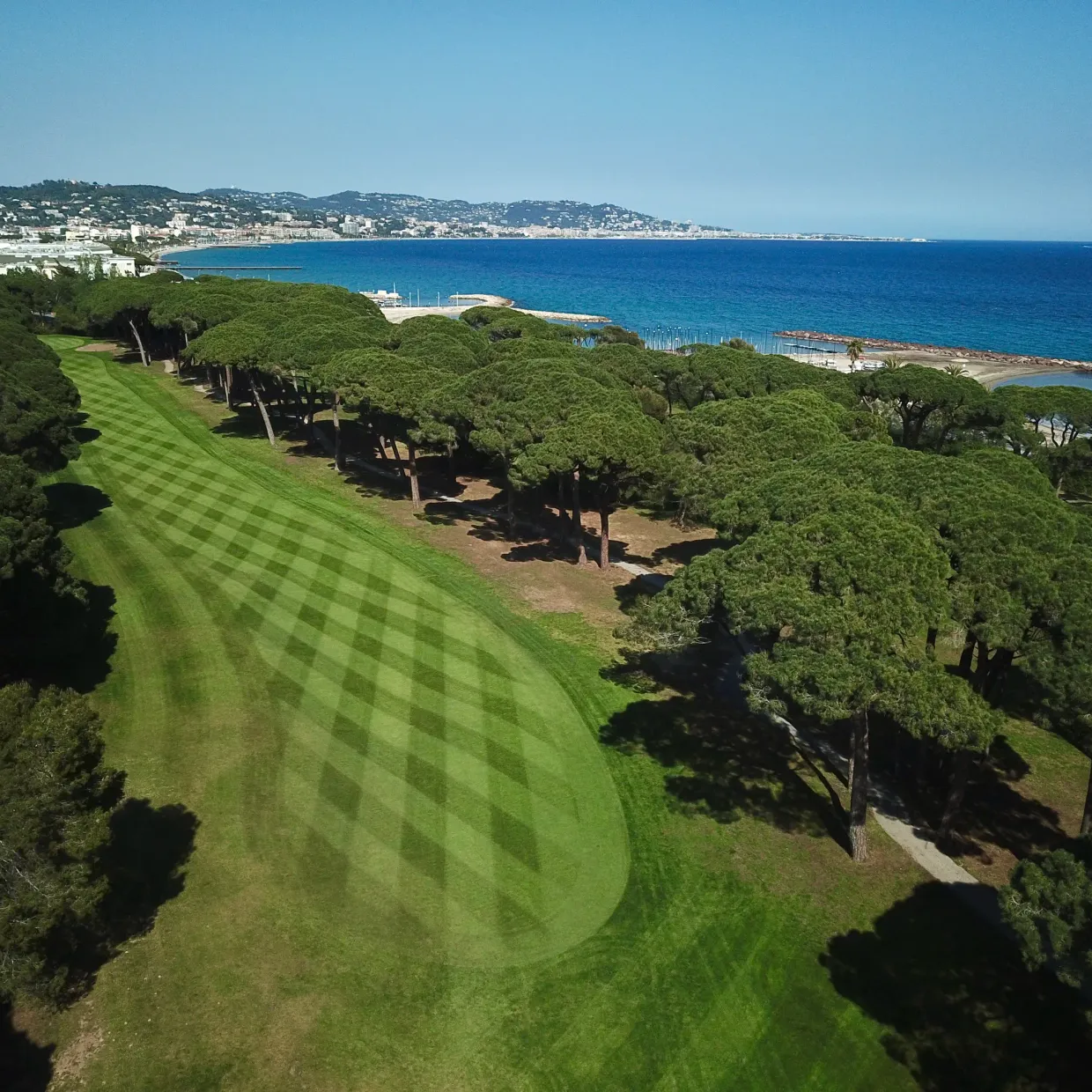 Vue aérienne d'un parcours de golf avec des arbres et une mer bleue en arrière-plan