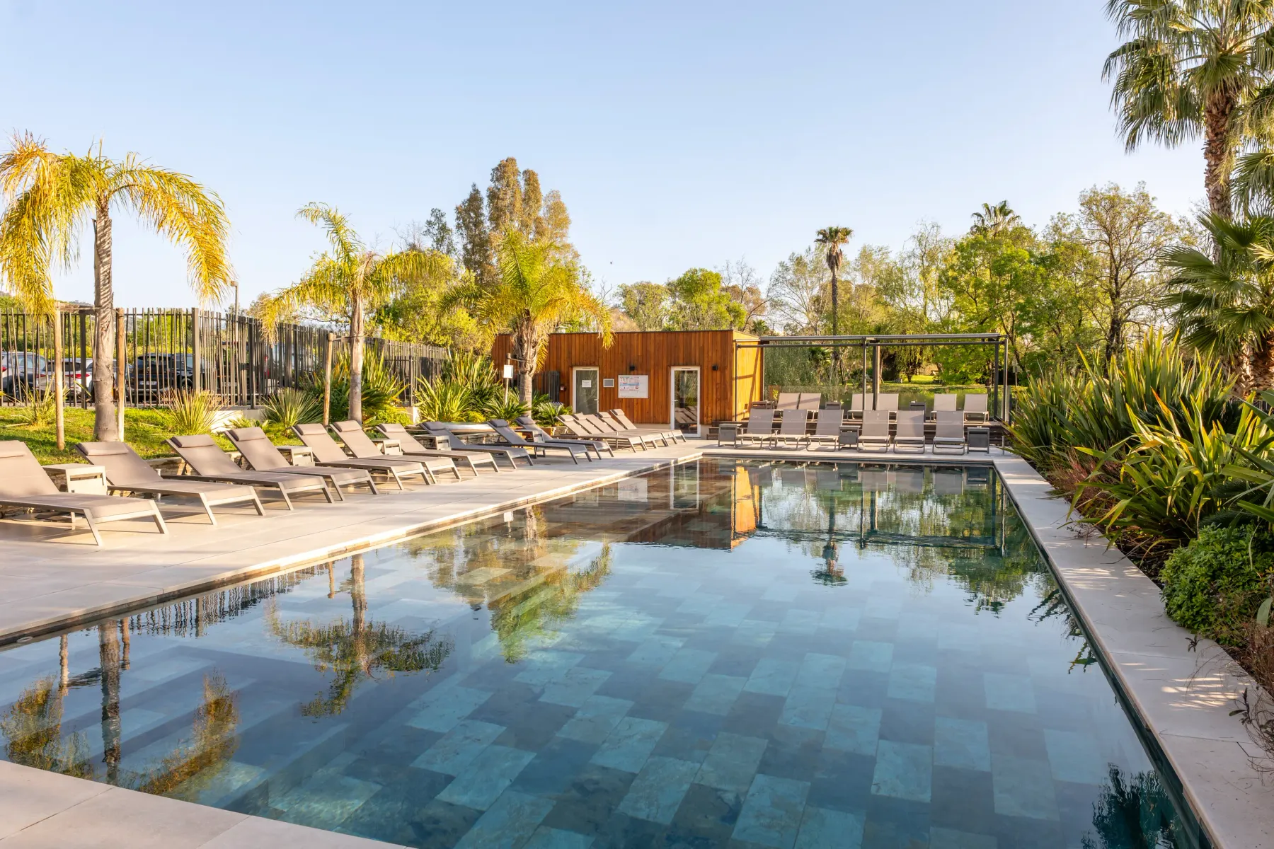 Piscine rectangulaire entourée de transats et de végétation tropicale avec un bâtiment en bois en arrière-plan