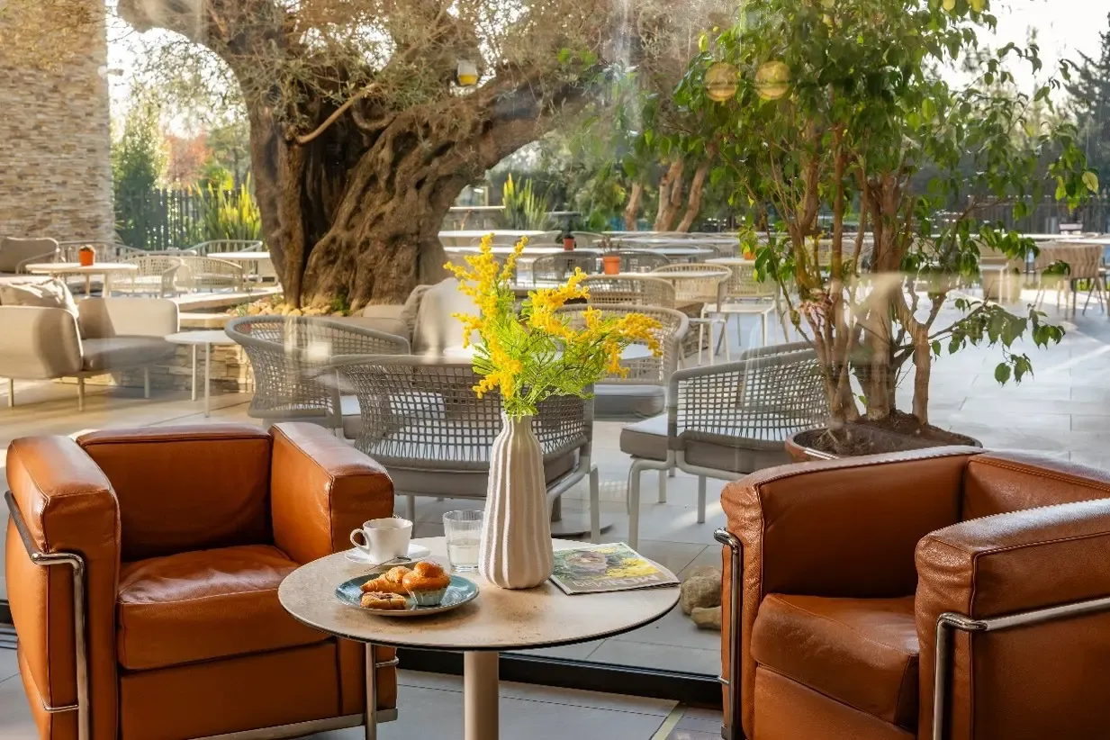 Un espace extérieur avec des fauteuils en cuir marron, des tables basses et des plantes, incluant une table avec une tasse, une assiette de viennoiseries et un vase de fleurs jaunes