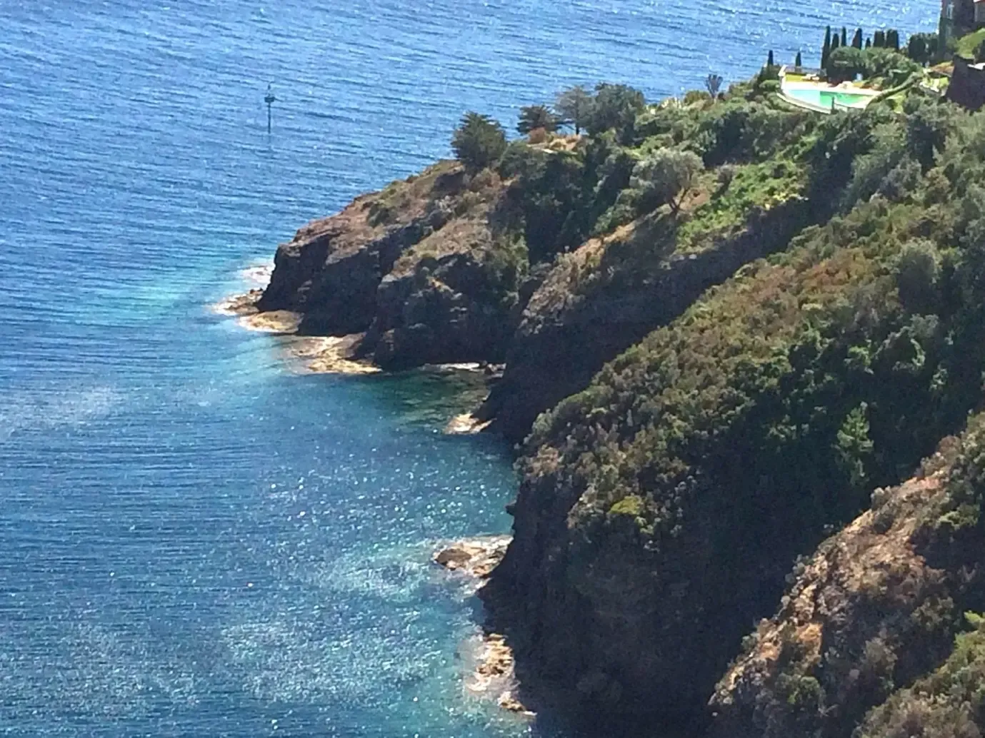Une côte rocheuse avec une végétation dense bordant une mer bleue claire