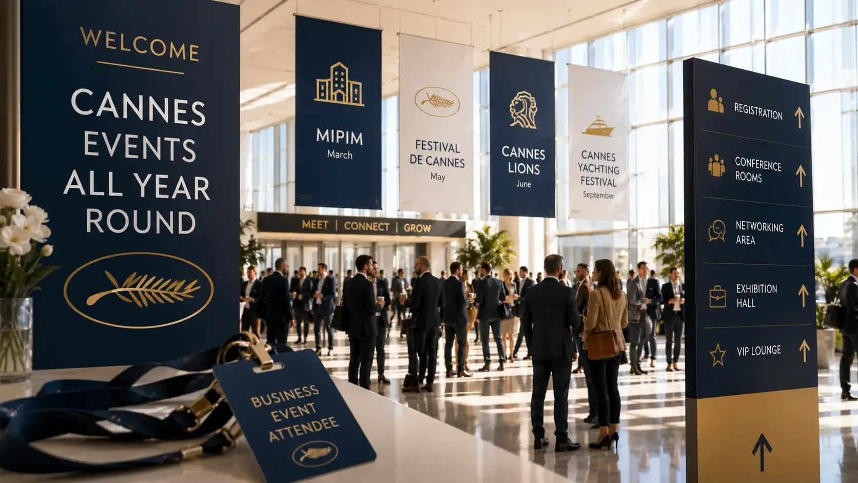 Salle de réception d'un événement professionnel avec des panneaux indiquant divers événements annuels à Cannes et des directions pour les participants